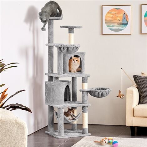 Yaheetech XXL Katzenkratzbaum 175 cm deckenhoch kratzbaum für große Katzen, Stabil Kletterbaum mit Sisal-Kratzsäulen Plattformen Korb Hängematte Plüschball, Hellgrau