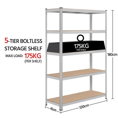 Yaheetech Schwerlastregal 180 x 120 x 45 cm Lagerregal 5 Böden Metall Regal Max. Belastbarkeit für jedes Fach: 175kg Silbern