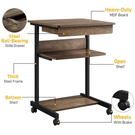 Yaheetech Schreibtisch, Computertisch auf Rollen, Bürotisch mit Tastaturablage und offenem Fach, Industrie-Design, 56 x 51 x 79 cm, für Homeoffice, Arbeitszimmer