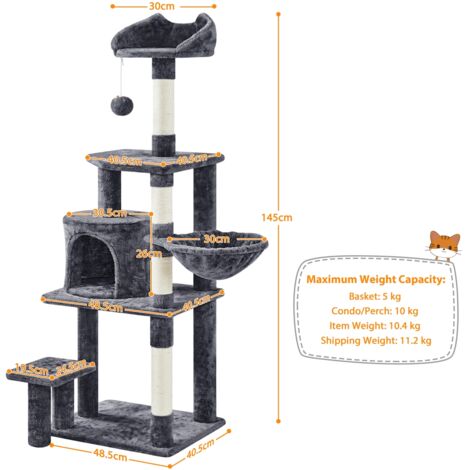 Yaheetech Kratzbaum Katzenkratzbaum 145 cm Stabiler Katzenbaum mit Aussichtsplattform Liegemulde Sisalstämme Kletterbaum für kleinen mittelgroßen Katzen Dunkelgrau