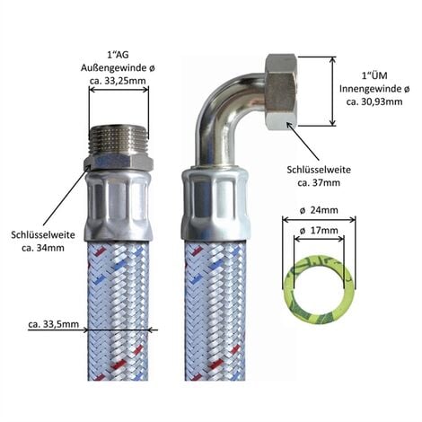 Panzerschlauch 1AG x 1ÜM Bogen, Flexschlauch DN25 für Heizung 50cm / 500mm