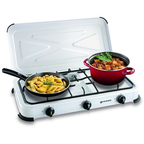 Réchaud gaz portable 3 feux 3450W Blanc laqué Couvercle Plaque de cuisson + Tuyau gaz KEMPER