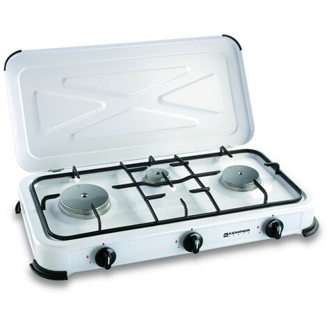 Réchaud gaz portable 3 feux 3450W Blanc laqué Couvercle Plaque de cuisson + Tuyau gaz KEMPER
