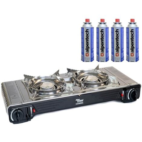 Réchaud Gaz Camping 2 Feux ZMC - 2,5 KW - Plaque De Cuisson Incluse + 4 Cartouches Gaz + Adaptateur GPL