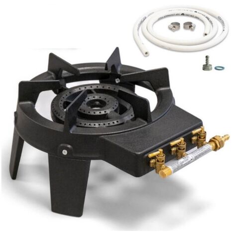 Rechaud gaz 9,8KW en fonte véritable sur 4 pieds 3 robinets + Tuyau gaz flexible 1.50m INTEC