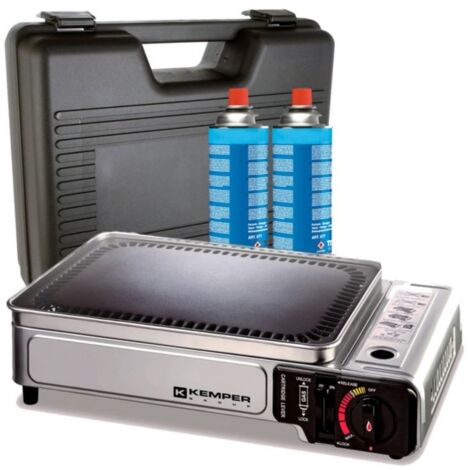 Kemper – Plancha à gaz portable 2300W – Brûleur en U inox – 2 cartouches butane – Valise de transport – Surface de cuisson 34 x 25 cm (1/5)