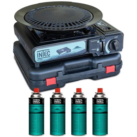 Réchaud à gaz 2200W Etna + Plaque Grill Barbecue + 4 Cartouches gaz Camping Mallette INTEC