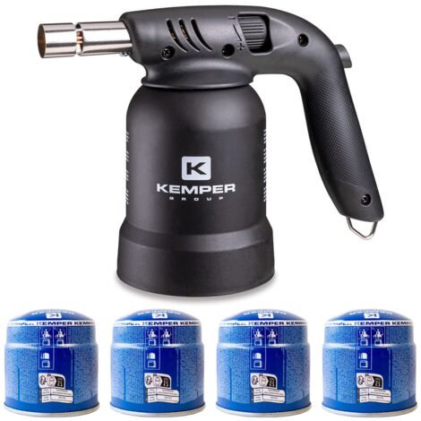 Lampe à souder à gaz Professionnelle Utilisation 360° Chalumeau Gaz Allumage piezo 4 Cartouches gaz Perçables KEMPER