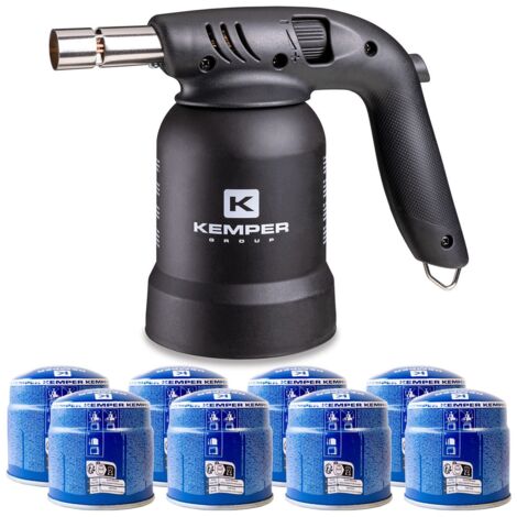 Lampe à souder à gaz Professionnelle Utilisation 360° Chalumeau gaz Allumage piezo + 8 Cartouches gaz Perçables KEMPER