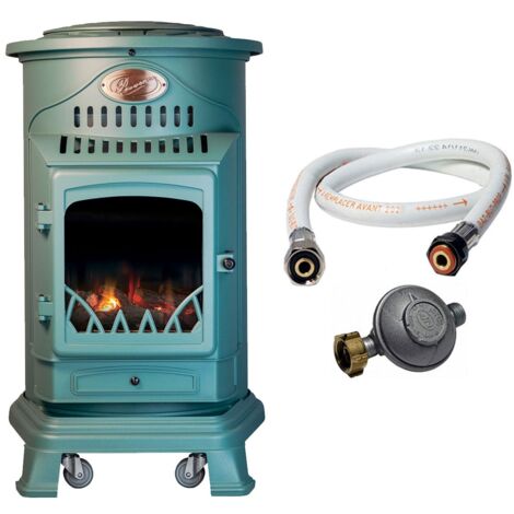 Universal – Poêle à gaz 3,4 kW en fonte véritable – Chauffage d'appoint mobile pour 40-80 m² – Allumage piézo électrique – Tuyau et détendeur inclus