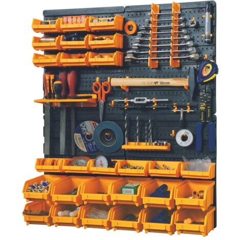 Panneau mural pour rangement d'outils – 4 panneaux en polypropylène – 15 petits et 12 grands bacs – 38 crochets modulables – Intec