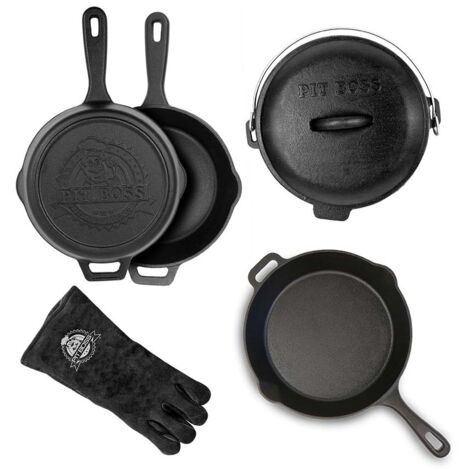 Kit de 6 accessoires en fonte pré-assaisonnée pour barbecue – Poêle, casserole et couvercles – Excellente rétention de chaleur – Pitboss (1/5)