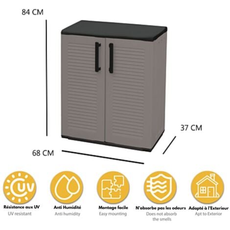 Armoire de Rangement Grise Armoire basse 2 portes Polypropylène 68x37h84 cm ArtPlast