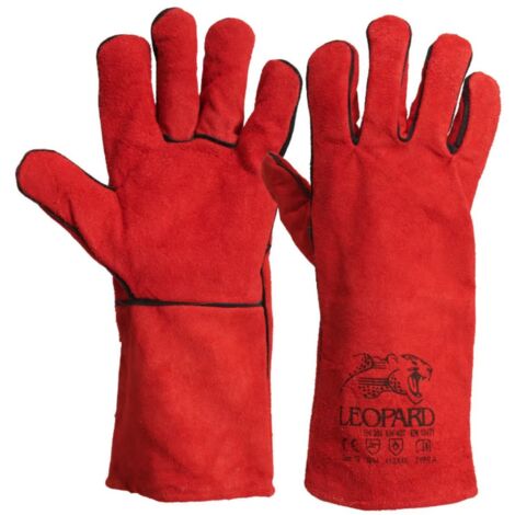 Gants Anti Chaleur Taille10 Rouge - Gants en Cuir Croute de Bovin Manchette 15cm Protection thermique pour soudure, métallurgie (1/4)
