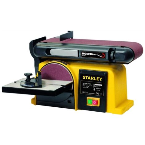 Ponceuse d'établi 370W Disque 150mm Abrasif 100x914mm Base Fonte anti basculement Ponçage Polissage Bois & Métaux Stanley