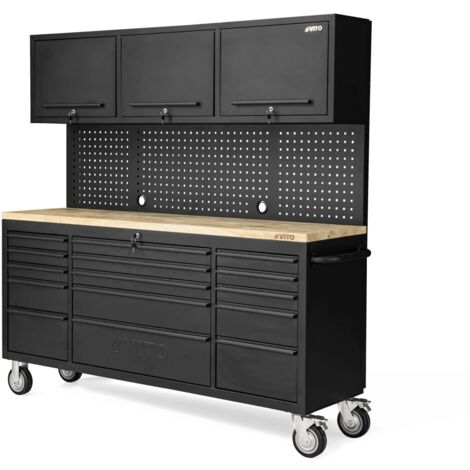 Vito – Établi d'atelier mobile 182 cm – 15 tiroirs à fermeture amortie – Armoire 3 portes – Charge max 500 kg – Acier laqué et bois massif (1/5)
