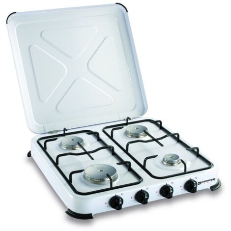Réchaud gaz portable 4 feux 4650W Blanc laqué Couvercle KEMPER