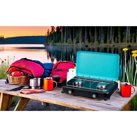 Plaque de cuisson gaz portable 2 feux 2350W Table de Cuisson Butane/Propane Bruleurs inox Couvercle amovible INTEC
