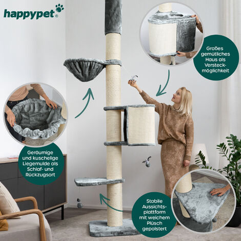 HAPPYPET Kratzbaum Deckenhoch 'Zoe' Stabil Grosse Katzen XXL 250 bis 275 cm - Dicke Stämme 18 cm, Große Liegemulden bis 20 kg, Höhle abnehmbar mit Sisalteppich, geprüftes Holz, Katzenkratzbaum  Grau d