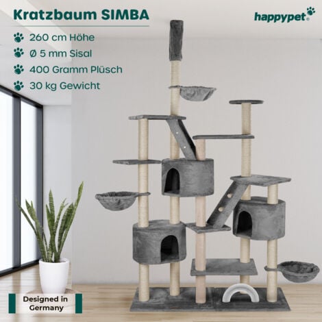 HAPPYPET XXL Kratzbaum Simba deckenhoch 260 cm - Kletterbaum Paradies, Extra Breit, Höhlen, Liegemulden, Großer Katzenbaum Stabil für Katzen, 9 cm Säulen, viel Zubehör  Grau