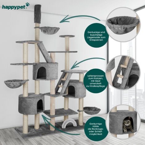 HAPPYPET XXL Kratzbaum Simba deckenhoch 260 cm - Kletterbaum Paradies, Extra Breit, Höhlen, Liegemulden, Großer Katzenbaum Stabil für Katzen, 9 cm Säulen, viel Zubehör  Grau