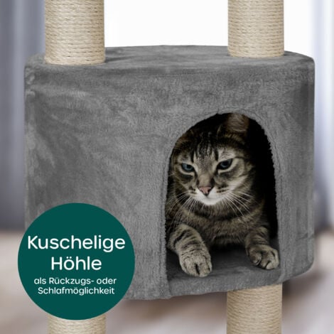 HAPPYPET XXL Kratzbaum Simba deckenhoch 260 cm - Kletterbaum Paradies, Extra Breit, Höhlen, Liegemulden, Großer Katzenbaum Stabil für Katzen, 9 cm Säulen, viel Zubehör  Grau