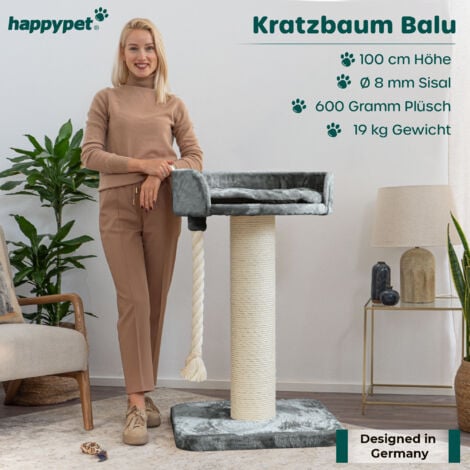 HAPPYPET Premium Kratzbaum Grosse Katzen Stabil - Katzenbaum, Kletterbaum für Maine Coon Ragdoll, Natursisal, Spieltau, Dicker Stamm 18 cm, 100 cm hoch  Grau plus