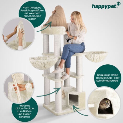 HAPPYPET Kratzbaum für große Katzen 'Oscar' - 161 cm Premium Katzenbaum stabil 47 kg, 12 cm Dicke Stämme für schwere Katzen Maine Coon, 600g Plüsch, geprüftes Holz  Beige