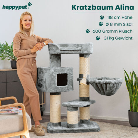 Katzenbaum 150 Cm – Mit Sisal-Kratzbaum, Hängematte, Höhle & Spielzeug, Stabil Für Große Katzen, Grau