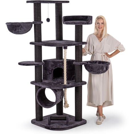 HAPPYPET Kratzbaum für Katzen groß 181 cm hoch - Stabiler Kletterbaum Katzenbaum, dicke Stämme mit 11 cm, Haus & Spieltunnel, große Liegemulden, Spietau mit Kratzrolle  Anthrazit