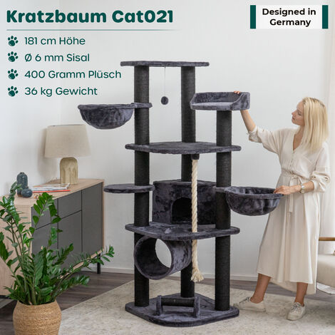 HAPPYPET Kratzbaum für Katzen groß 181 cm hoch - Stabiler Kletterbaum Katzenbaum, dicke Stämme mit 11 cm, Haus & Spieltunnel, große Liegemulden, Spietau mit Kratzrolle  Anthrazit