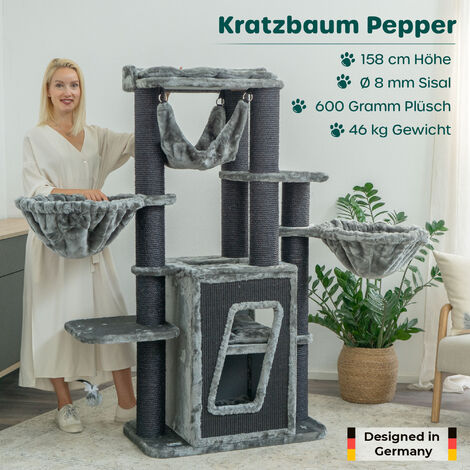 HAPPYPET Kratzbaum stabil 'Pepper' 157 cm - Premium XXL Katzenbaum für große Katzen mit Natursisal, Maine Coon, Große Liegemulden & Katzenhaus mit Sisalteppich, 12 cm Stämme  Grau