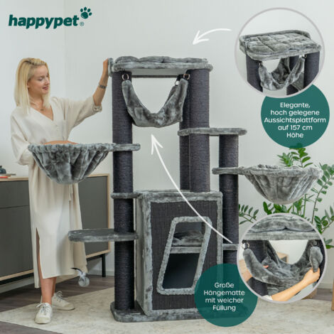 HAPPYPET Kratzbaum stabil 'Pepper' 157 cm - Premium XXL Katzenbaum für große Katzen mit Natursisal, Maine Coon, Große Liegemulden & Katzenhaus mit Sisalteppich, 12 cm Stämme  Grau