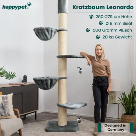 HAPPYPET Kratzbaum 'Leonardo' Grosse Katzen Stabil XXL Deckenhoch, 250 bis 275 cm - 18 cm Dicke Stämme, Große Liegemulden bis 20 kg, Höhle, geprüftes Holz, Katzenkratzbaum für Maine Coons & Ragdolls  