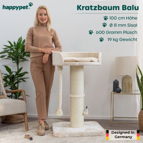 HAPPYPET Premium Kratzbaum 'Balu' Grosse Katzen Stabil - Katzenbaum, Kletterbaum, für Maine Coon, Natursisal, Dicke Stämme mit 18 cm, 100 cm hoch  Beige basic