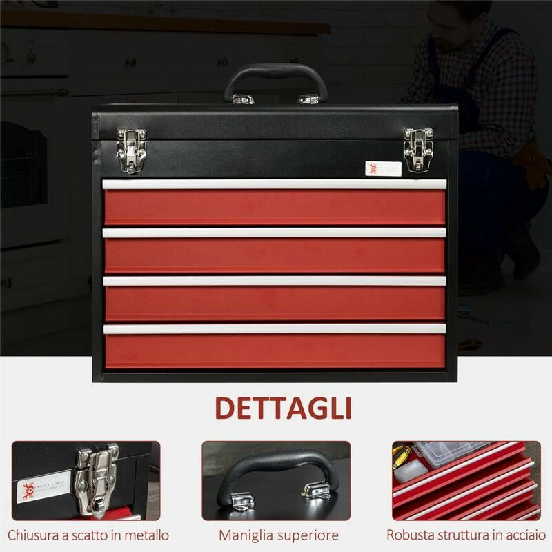 Il numero 1 del risparmio-CASSETTA PORTA ATTREZZI IN ACCIAIO CON 4 CASSETTI  51X22X39.5 CM ROSSO E NERO