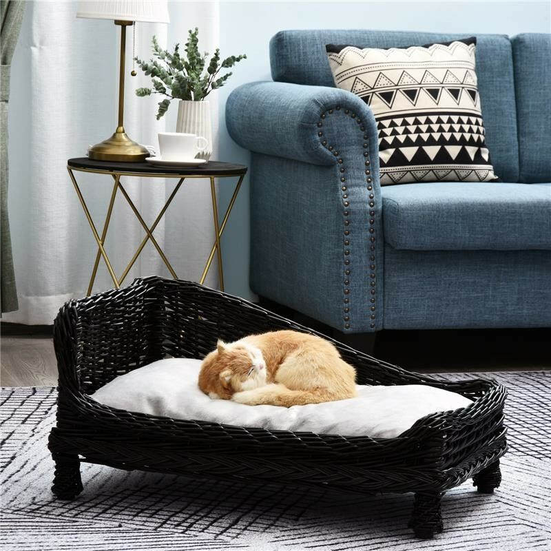 LETTINO PER CANI ANIMALI DOMESTICI CHAISE LONGUE IN VIMINI CON CUSCINO NERO