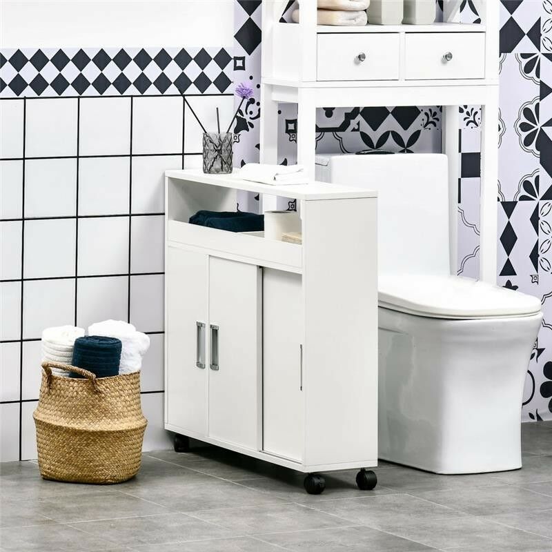 MOBILETTO BAGNO CON PORTE SCORREVOLI E RUOTE 70X20X71CM BIANCO