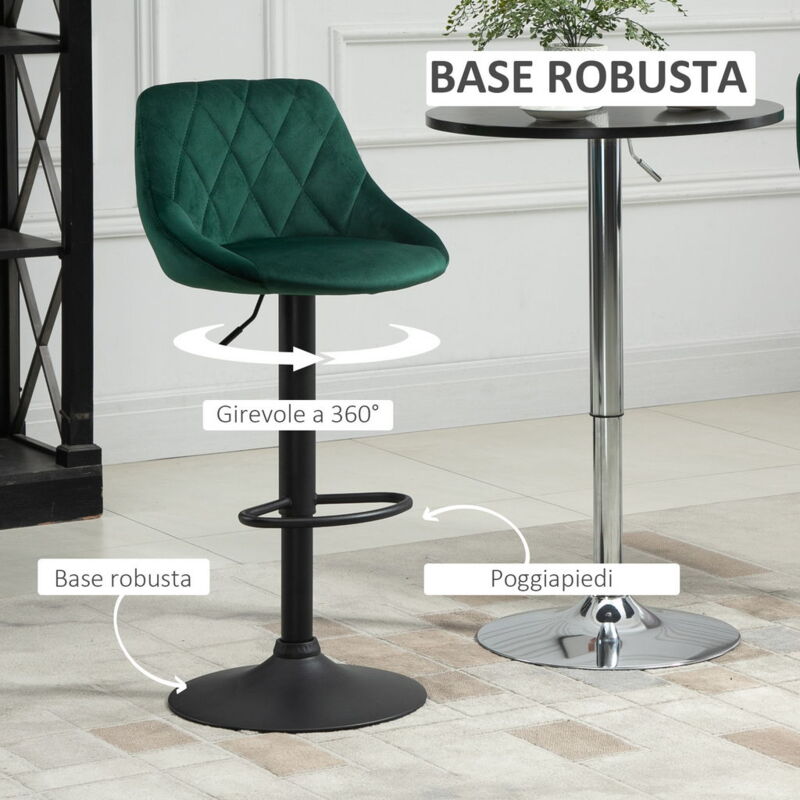 Set Di 2 Sgabelli Da Bar Regolabili In Velluto Verde – Con Schienale Alto E Poggiapiedi – Altezza 80-101 Cm – Girevoli 360° Per Cucina E Pub - 2