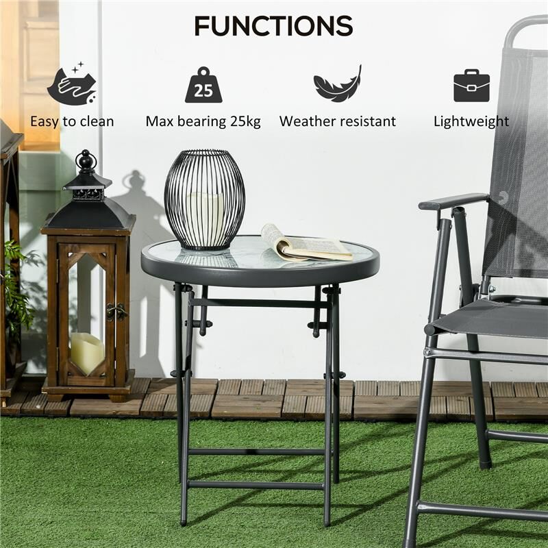 Tavolino Rotondo Pieghevole Da Giardino – Piano Vetro Temperato, 46 Cm, Portata 50 Kg, Grigio
