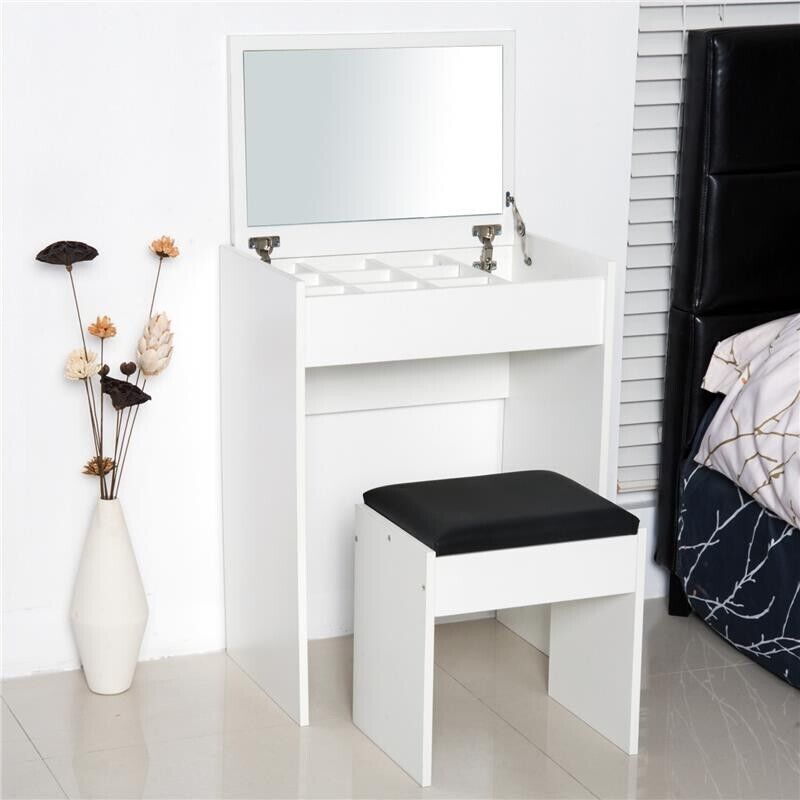 Consolle Trucco 60x40x114 cm con Specchio e Sgabello in Legno Bianco
