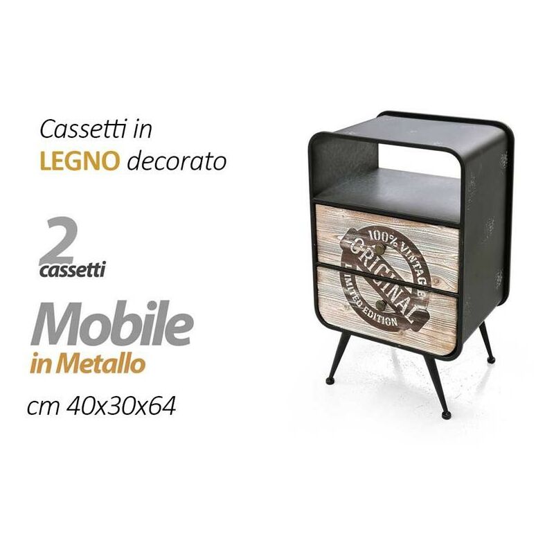 MOBILE 2 CASSETTI LEGNO DECORATO STRUTTURA METALLO