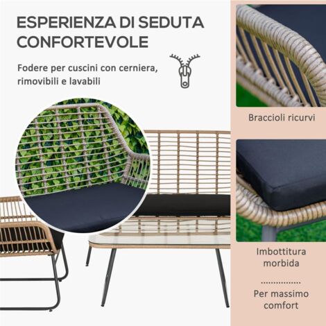 MELKO24 Set Giardino In Polyrattan Marrone – Divano 2 Posti + Pouf/Tavolino – Cuscini Imbottiti Beige – Resistente Alle Intemperie
