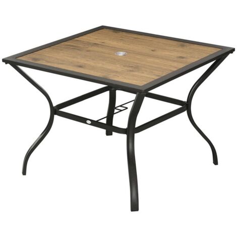 Tavolo Da Giardino Rotondo In Vetro Temperato Con Foro Per Ombrellone, 86 X 71 Cm - Telaio In Metallo Nero