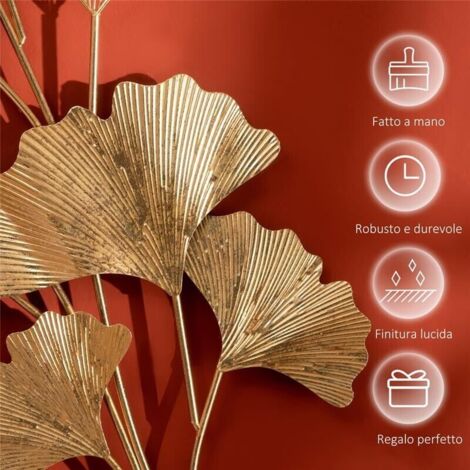 DECORAZIONE MURALE 3D IN METALLO WALL ART DORATA CON FOGLIE DI GINKGO ...