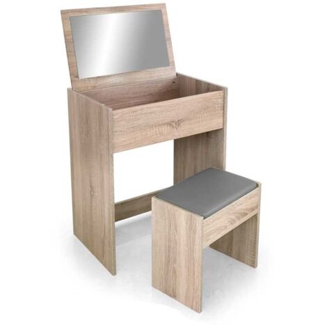 TOELETTA IN LEGNO CON SPECCHIO PIEGHEVOLE E SGABELLO 60X40X75 CM ROVERE