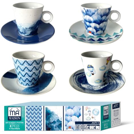 MAURY'S SET DI 4 TAZZE PER THE LINEA ART CON PIATTINO BIANCHE E BLU 80 CC