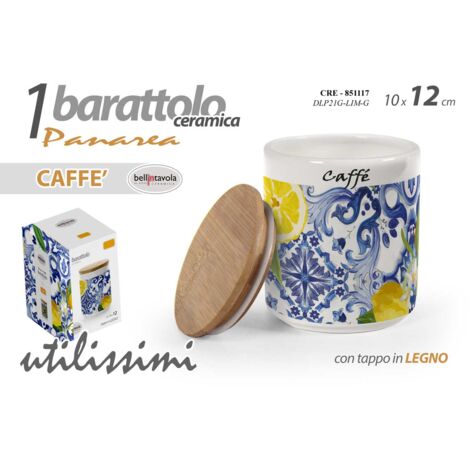 PANAREA BARATTOLO IN CERAMICA PER CAFFÈ CON TAPPO IN LEGNO 10X12 CM