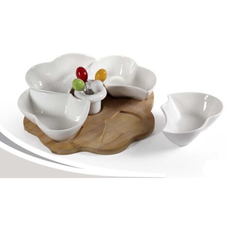 ANTIPASTIERA BIANCA QUADRIFOGLIO CON SUPPORTO IN LEGNO 25X5 CM (1/2)