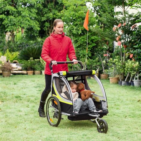 RIMORCHIO BICI E PASSEGGINO PER 2 BAMBINI CON CINTURE DI SICUREZZA E BANDIERINA